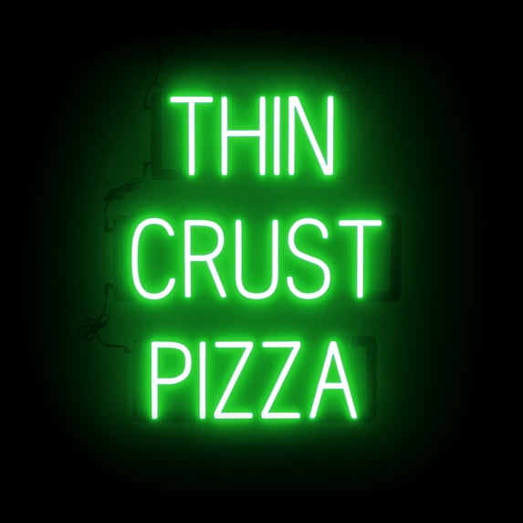 SpellBrite THIN CRUST PIZZA LED Sign for Business. 20.6" x 23.8" Green THIN CRUST PIZZA Sign Has Neon Sign Look With Energy Efficient LED Light Source. Visible from 500+ Feet, 8 Animation Settings.
