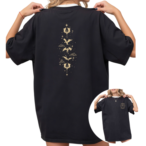 Women's Golden Dragon Star Cloud Graphic T Shirt Fantasy Dragon Rider Print Boho Casual Short Sleeve Round Neck Top Black S-5XL