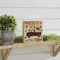 VHC Brands Patriotic My Country USA Proud Red Truck w/ Red & Blue Stars MDF Block Sign 6x6x1, Independence Day Decor, Decorative Sign, Rustic Farmhouse Fourth of July Decorations