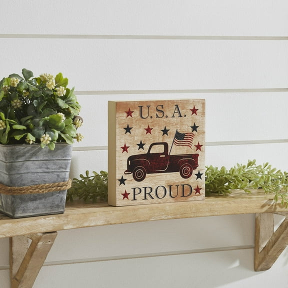 VHC Brands Patriotic My Country USA Proud Red Truck w/ Red & Blue Stars MDF Block Sign 6x6x1, Independence Day Decor, Decorative Sign, Rustic Farmhouse Fourth of July Decorations