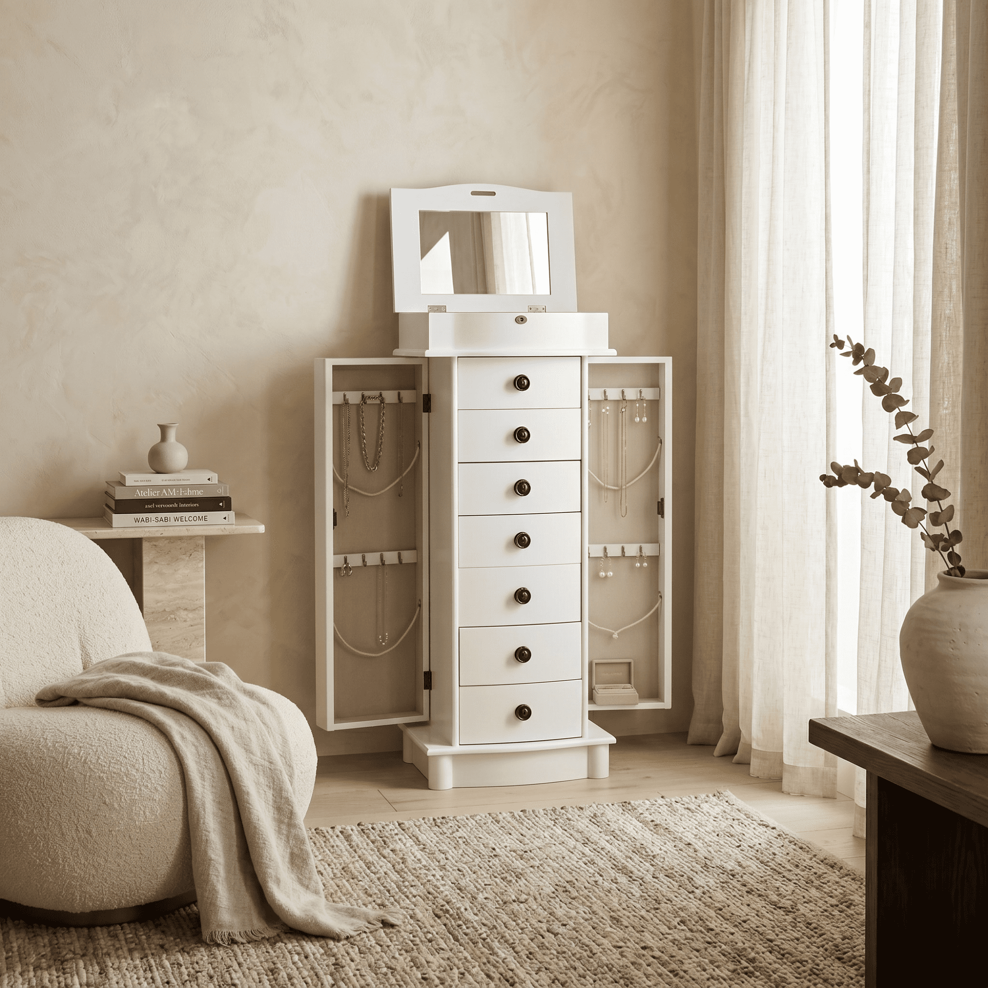 Hives and Honey Nora Traditional Jewelry Armoire with Locking Compartment and Ample Storage, White