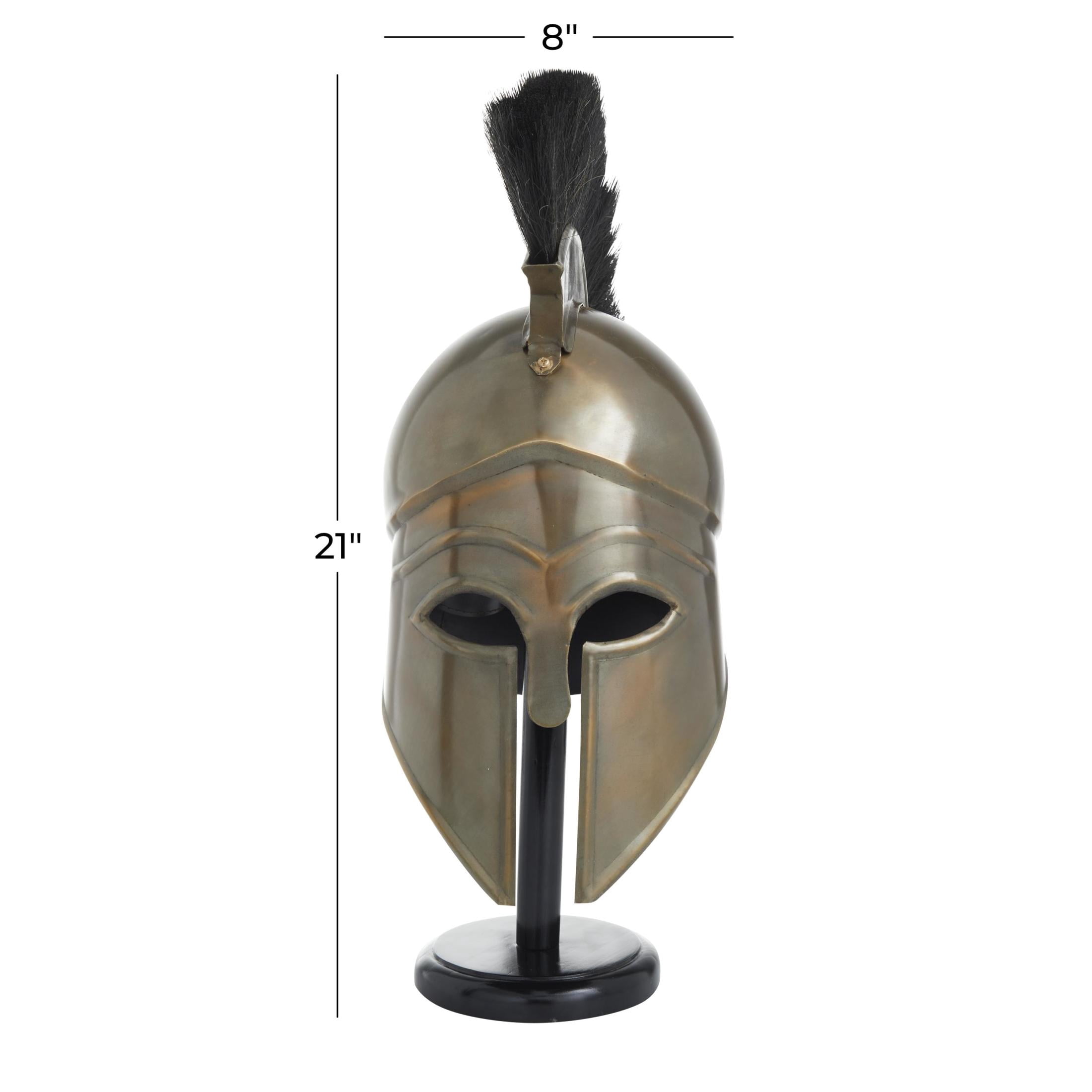 21" Gold Metal Replica Medieval Greek Spartan Mask Helmet with Brown Wood Stand and Plume, by DecMode