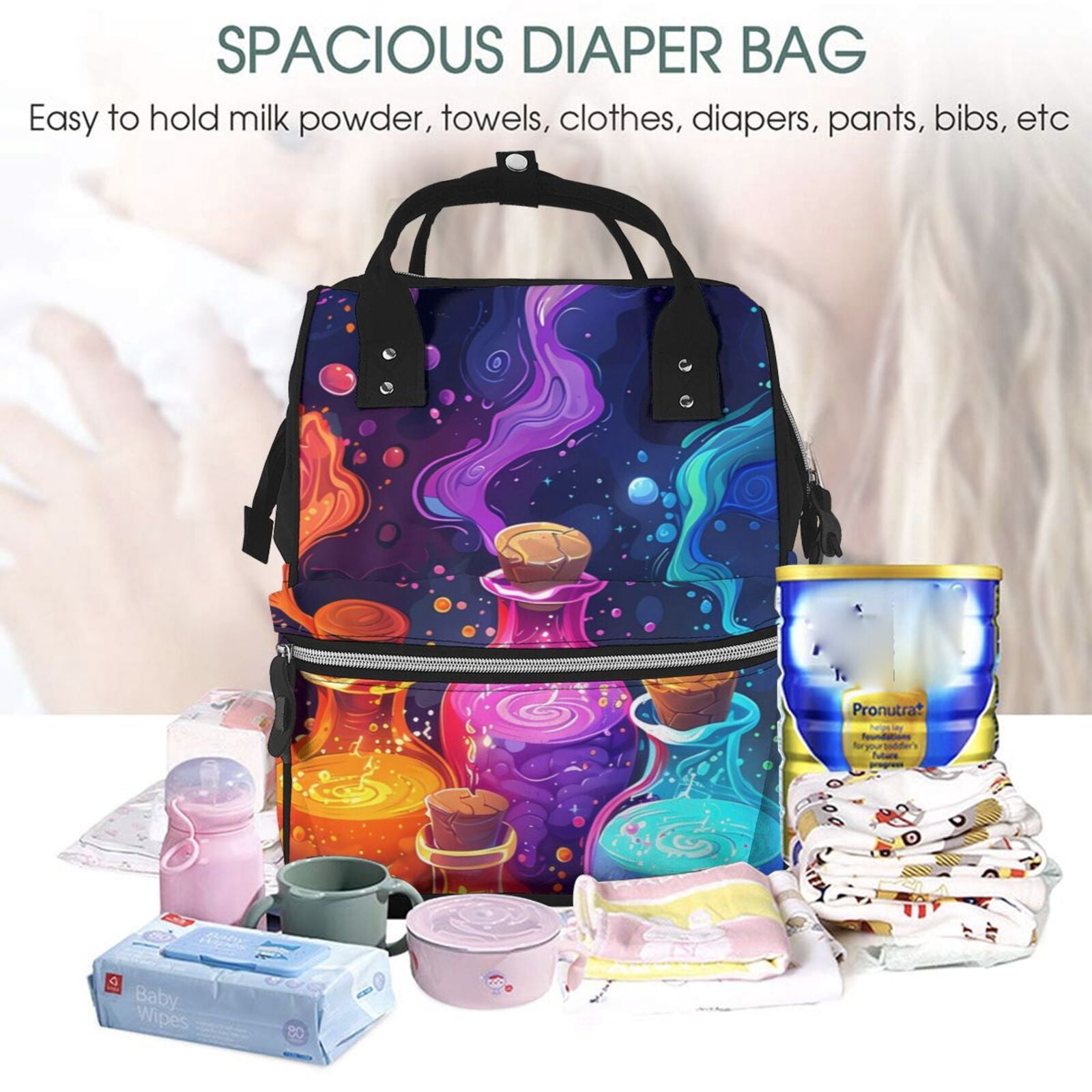 Fuzoiu Colorful Potion Bottles Magic Print Diaper Bag Backpack,Baby Essentials Travel Tote,Multi function Waterproof Diaper Bag, Travel Essentials Baby Bag - Unisex