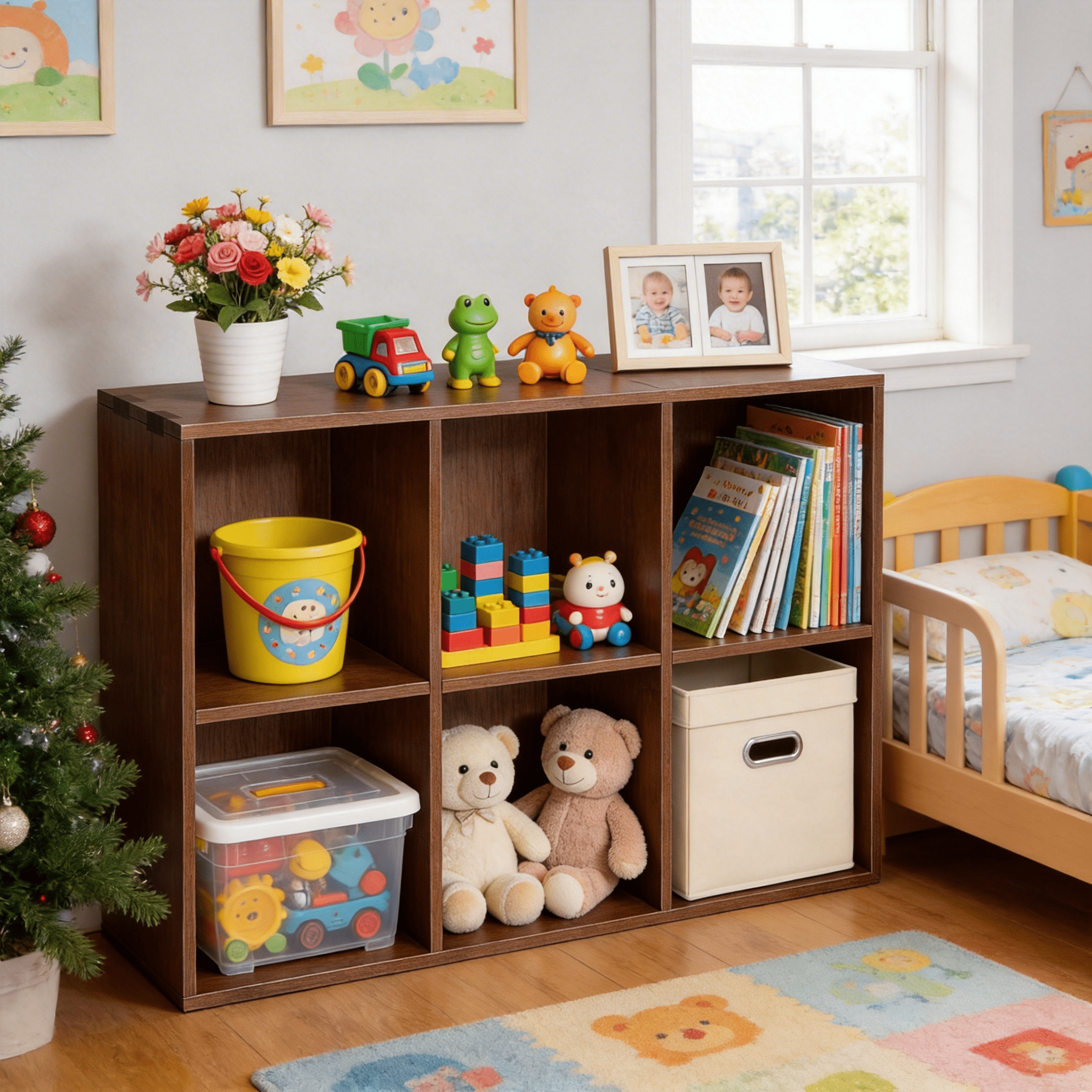 Solid Wood Bookshelf with 6 Storage Compartments, Walnut