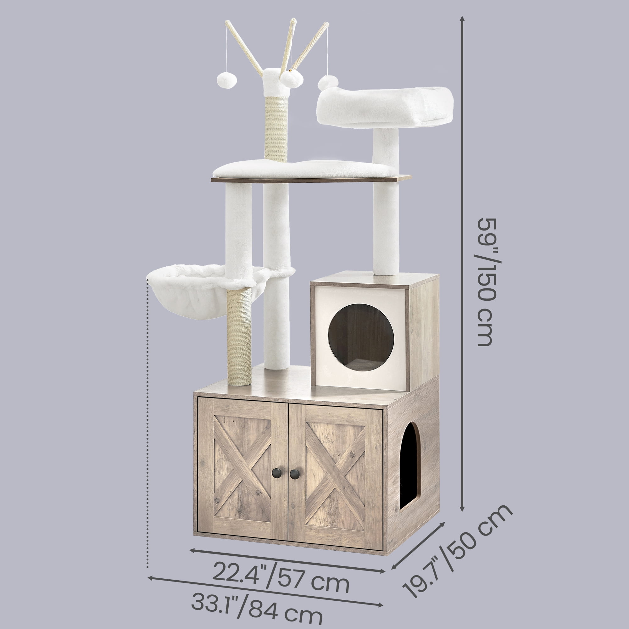 LEDREM 59-Inch 2-in-1 Cat Tree, Litter Box Enclosure, Modern Cat Tower with Scratching Posts, Removable Pompoms, Space-Saving Design, Greige