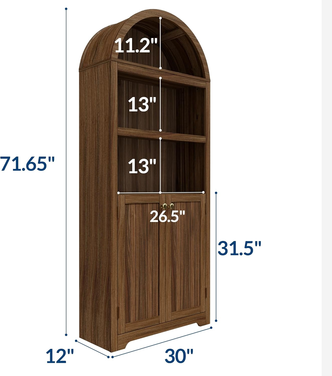72" Tall Arched Pantry Cabinet with Doors, 5-Tier Kitchen Pantry Cabinet with Adjustable Shelf & Gold Handles, Wood Storage Cabinet for Dining Room, Kitchen, Living Room, Walnut