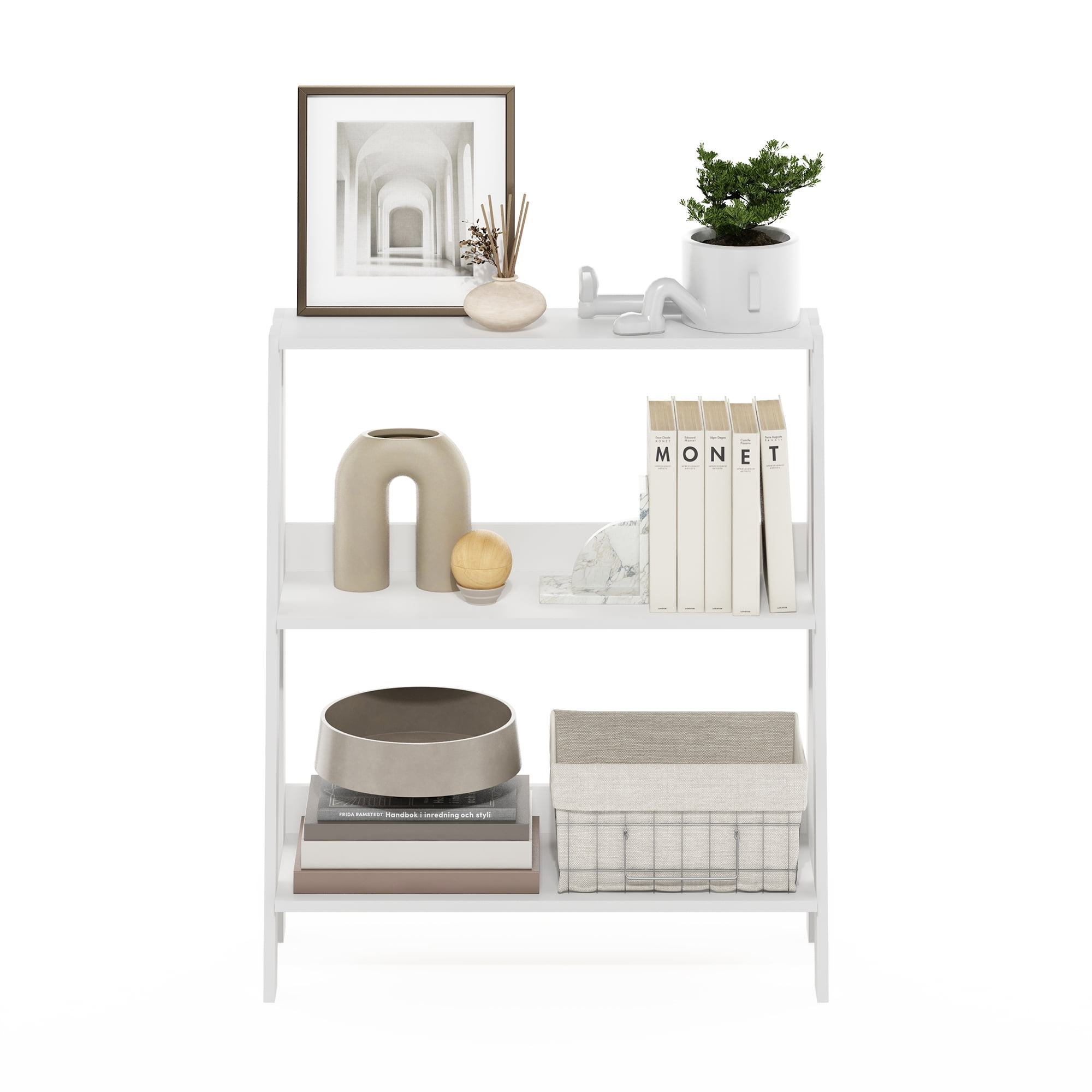 Furinno Ladder Bookcase Display Shelf, 3-Tier, White