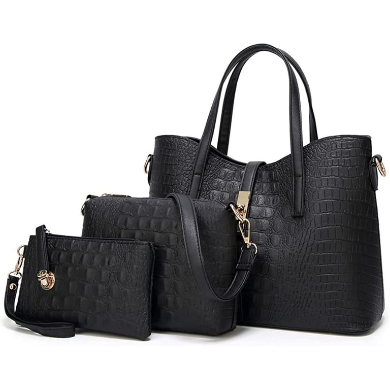 QWZNZGR Qwzndzgr Women Crocodile Pattern Leather Tote Bag Large Capacity Top Handle Hanbag Crossbody Shoulder Purse Wallet 3pcs Set, Adult Unisex
