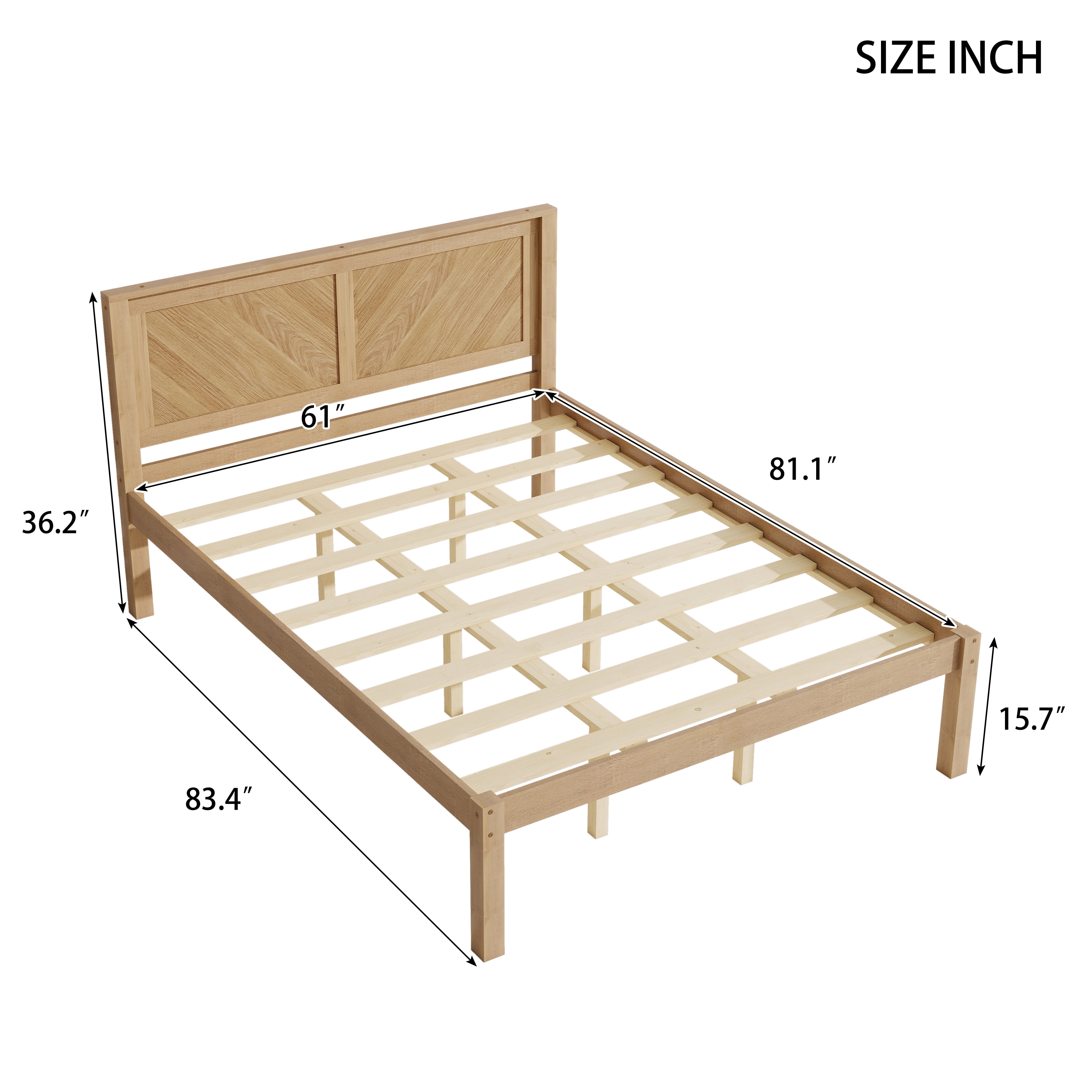 Queen Bed Frame with Herringbone Wood Headboard, Solid Wood Platform Bed and Mattress Foundation with Under-Bed Storage for Bedroom, Natural Oak