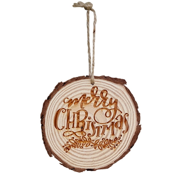 Adornos de madera para árbol de Navidad con cuero • Colgantes redondos tallados • Juego de 12 piezas • Decoración rústica del hogar • Manualidades en madera ecológicas
