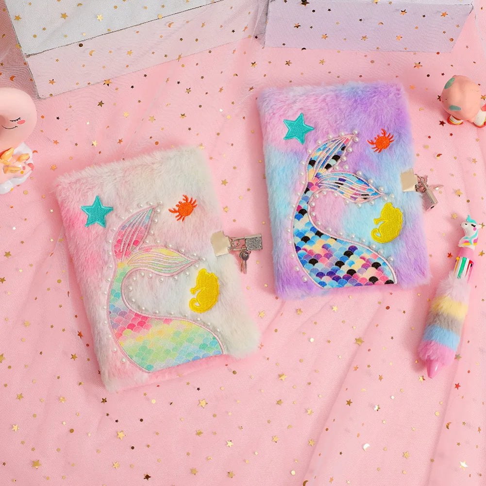Hzzsbu Plush Mermaid Notebook A5 Mermaid Diary Glitter Journal for Hardcover Notebooks Writing Drawing Embroidery Notepad with Locks and Keys