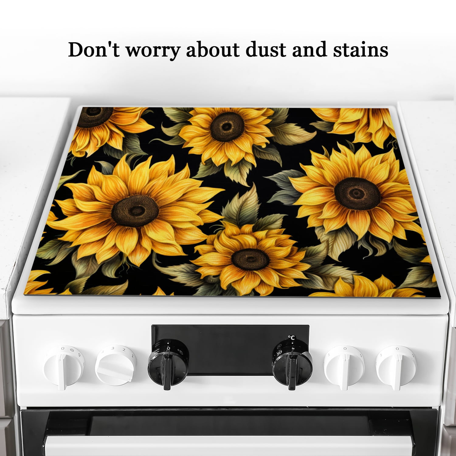 Fall Electric Stove Top Covers, Black and Yellow Sunflowers Glass Cooktop Cover Protector, Anti-Slip Heat Resistant Range Cooktop Cover Mat for Kitchen RV (28×20 Inch)