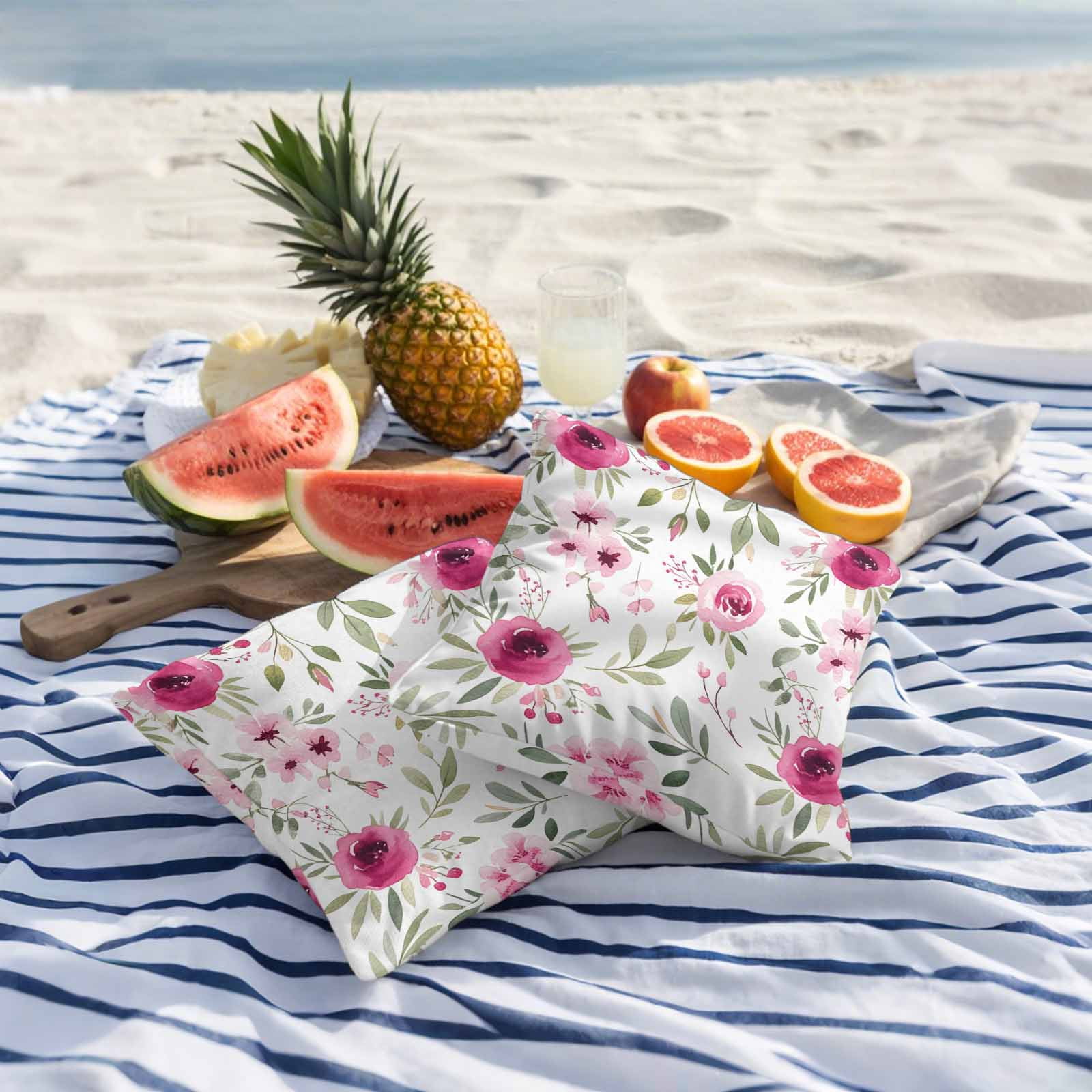Outdoor Waterproof Throw Pillow Covers Set of 2 Pink Flowers Decorative Pillowcases Square Outdoor Pillows Cushion Case 18x18 Inch Floral Leaves Plant Patio Pillows for Couch Sofa Bed Garden