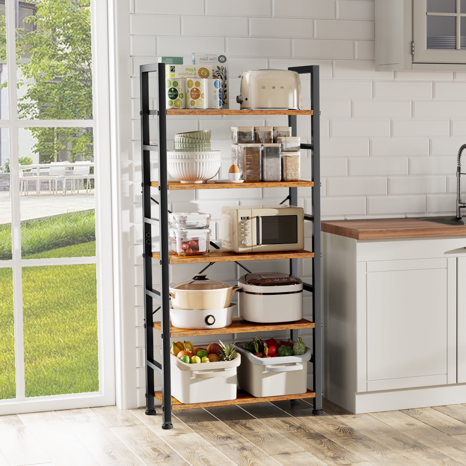 GIANNA 5-Shelf Wood and Metal Storage Shelf with Adjustable Feet, Waterproof & Scratch-Resistant, Rustic Brown