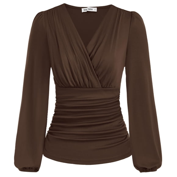 Blusa GRACE KARIN para mujer, fruncida, cuello en V, color café, talla L