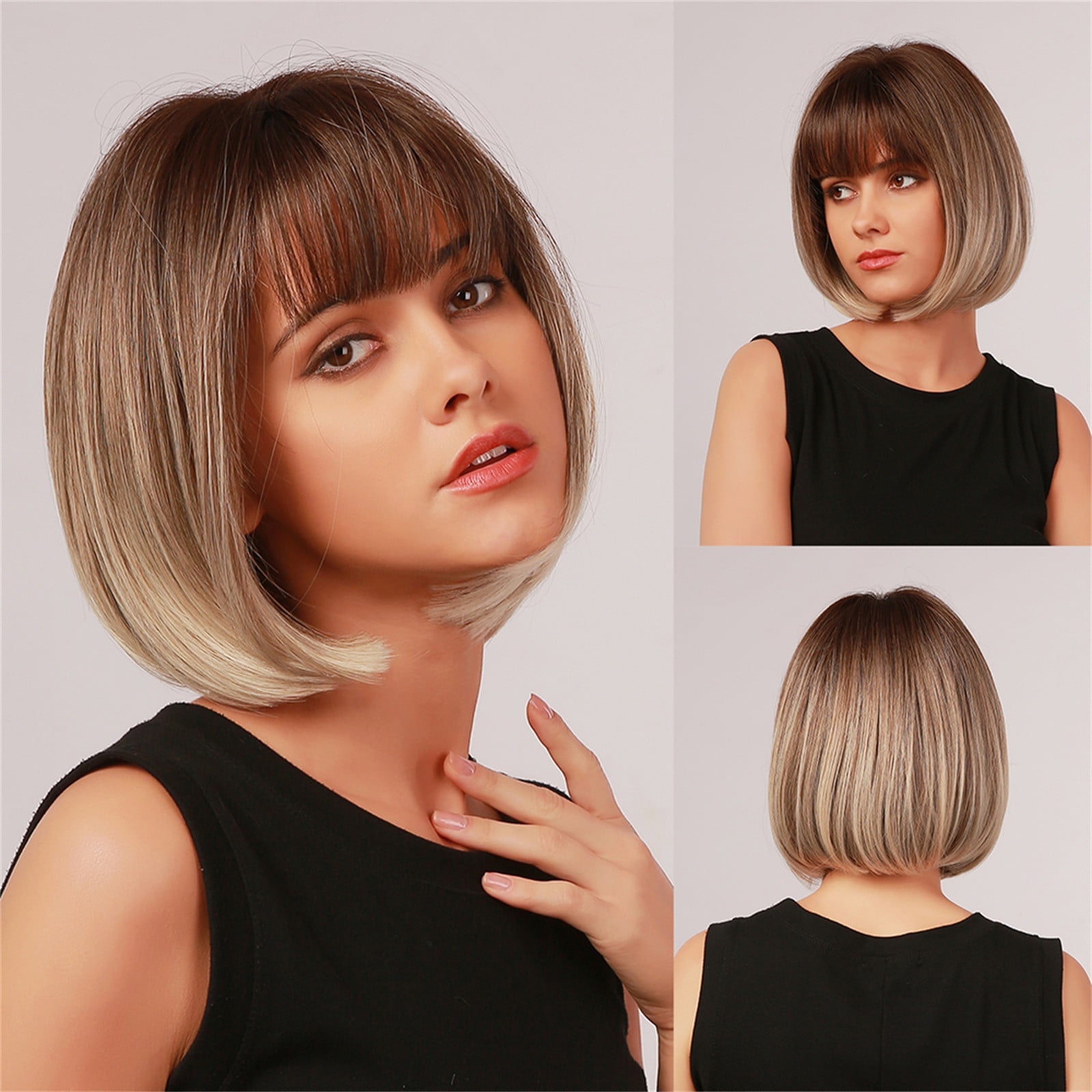 EGNMCR Wigs Human Hair 33cm High Temperature Silk Wig Bangs Brown Straight Hair With Rose Net False wiGg Walmart