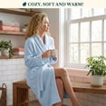 thumbnail image 5 of PAVILIA Plush Fleece Robe for Women, Soft Cozy Long Bathrobe with Satin Waffle Trim, Warm Lightweight Spa Robe, Housecoat with Pockets & Tie Belt, Light Blue, S/M, 5 of 10