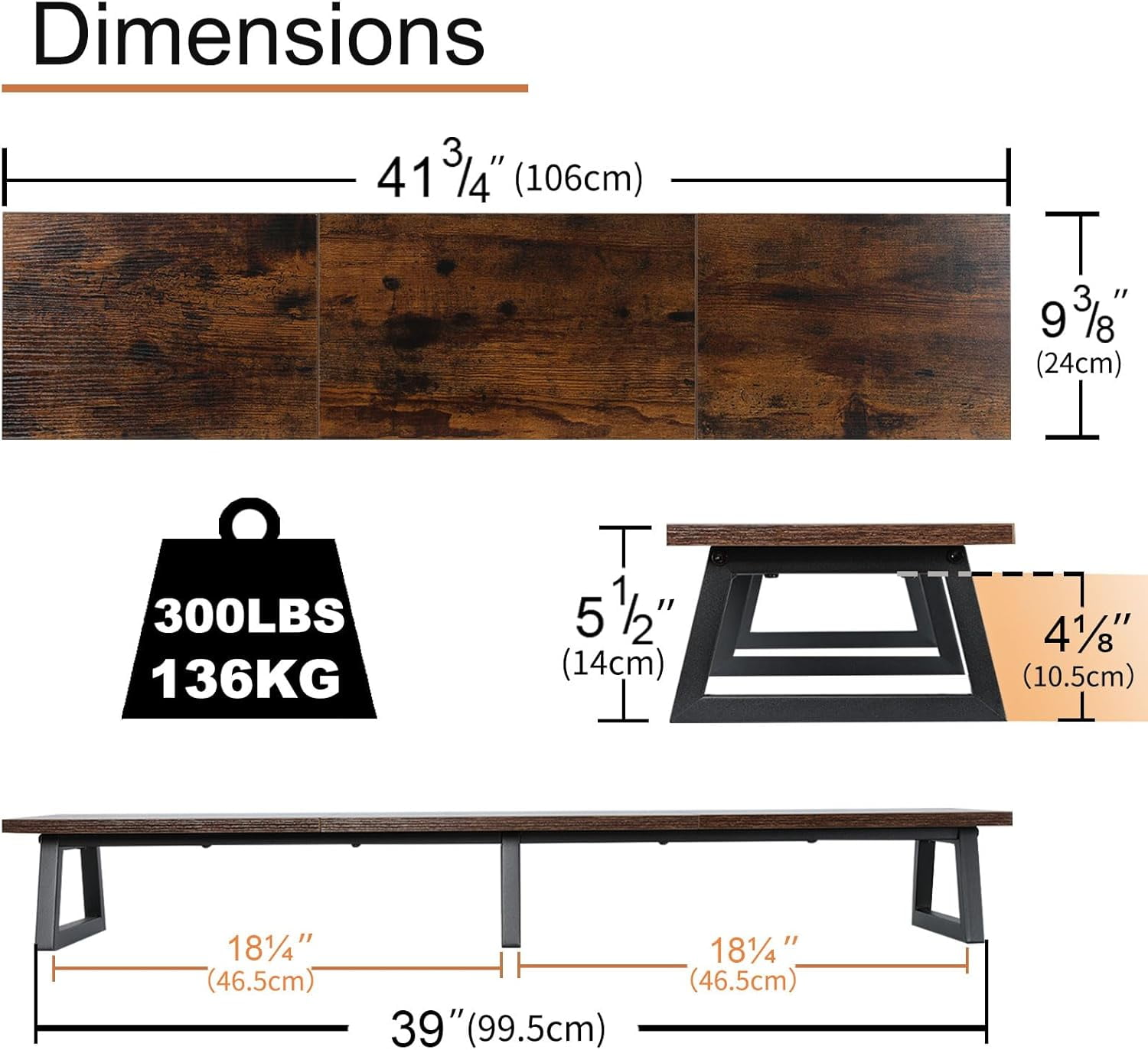 Large Dual Monitor Riser Rustic Brown Extra-Long TV Stand Wood & Steel Desktop Storage Riser for Dual Screen Office Desk Organization