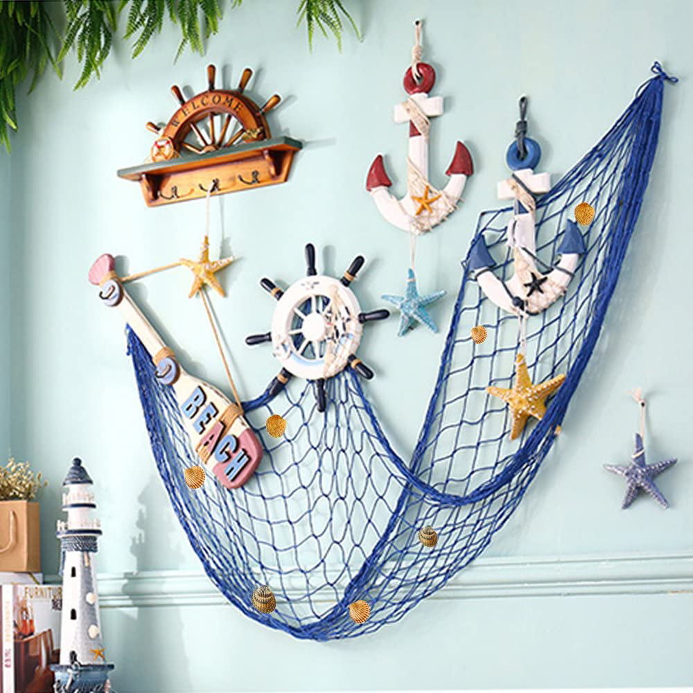 Decorative Fishnet Nautical Fishing Net Wall Hanging Decor, Starfish,  Sailboat, Lighthouse, Life Ring, Rudder, with Transparent Hook for Mermaid  Mediterranean Party,Blue1.5*2m 