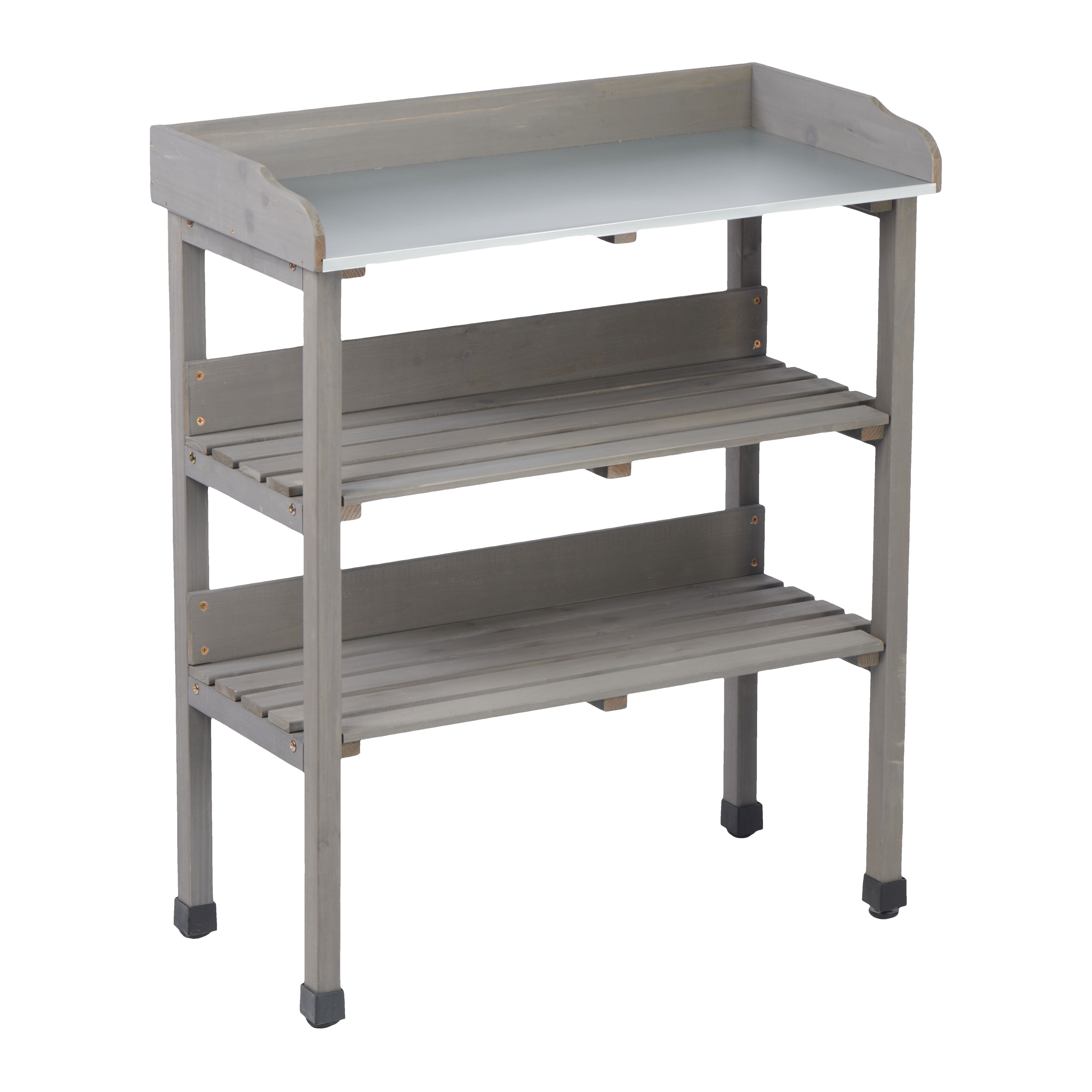 MAYEERTY 3-Tier Potting Table, Outdoor Work Bench with Metal Tabletop, Built-In Hooks & Adjustable Feet, for Garden, Patio, Garage, Workshop