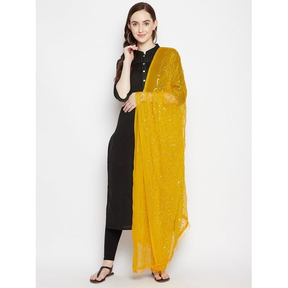 Woman's Indian Ethnic Chunni, Poly Chiffon Embroidered Yellow Dupatta, Stole, Scarf Shawl Wrap