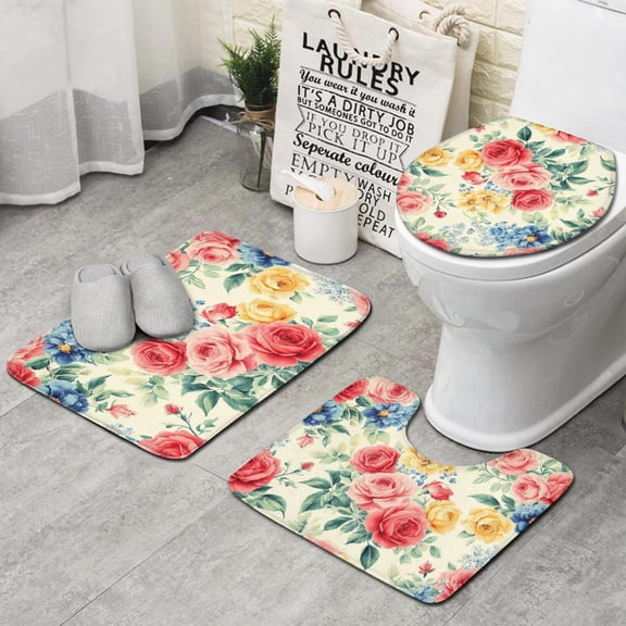 Pioneer Flower Floral Print Pattern Bathroom Rugs Sets 3 Piece,Toilet Cover Set,Absorbent Non Slip Bathroom Mats Sets with U-Shaped Contour Rug Toilet Rug Set