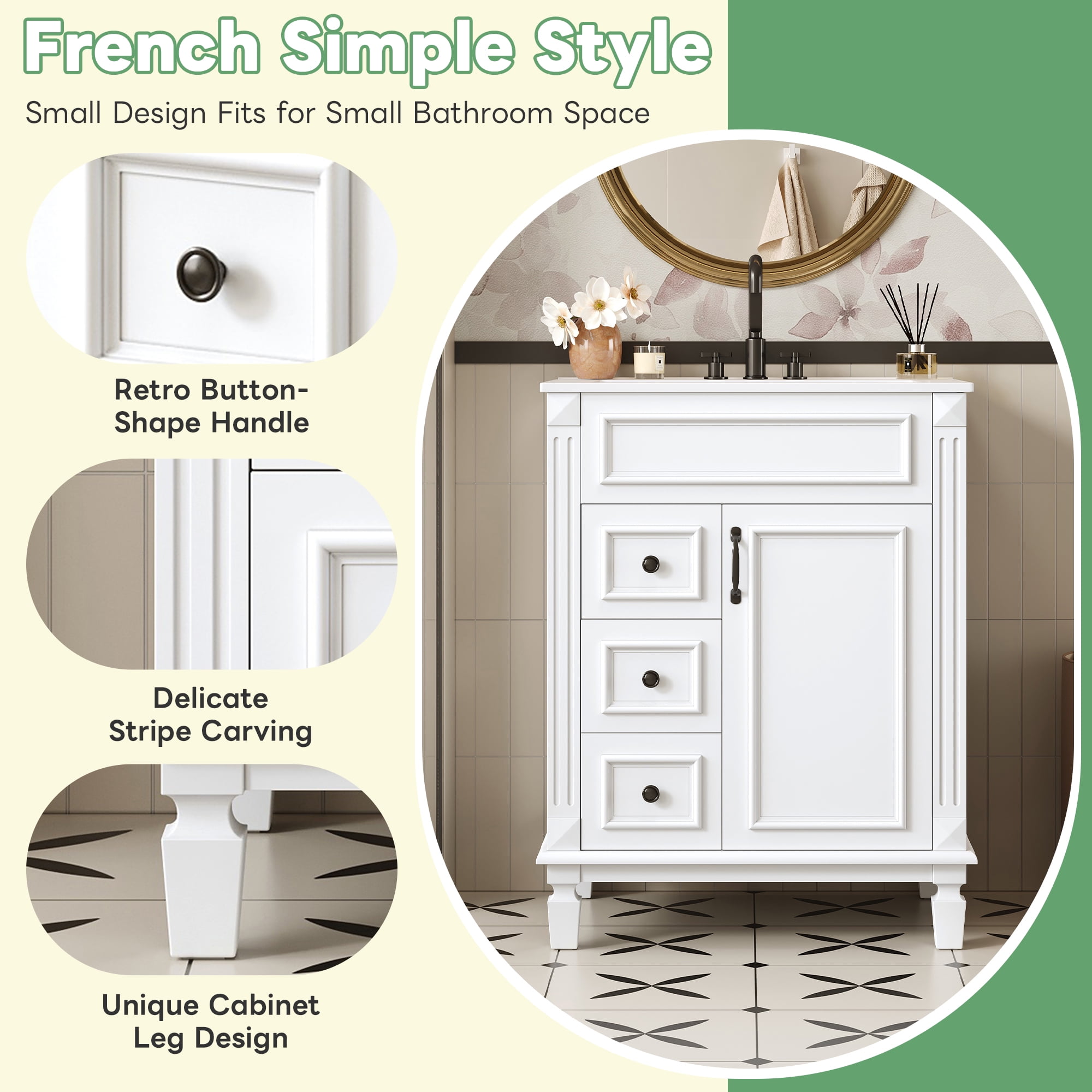 24" Bathroom Vanity with Ceramic Sink, Small Bathroom Vanity with 2 Drawers, Modern Vanity with Adjustable Shelf for Powder Room, Guest Bath, Apartment, White