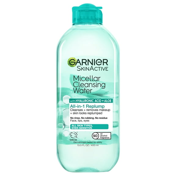 Garnier SkinActive Micellar Cleansing Water All in 1 Hyaluronic Acid Replump Makeup Remover, Face Cleanser, 13.5 fl oz