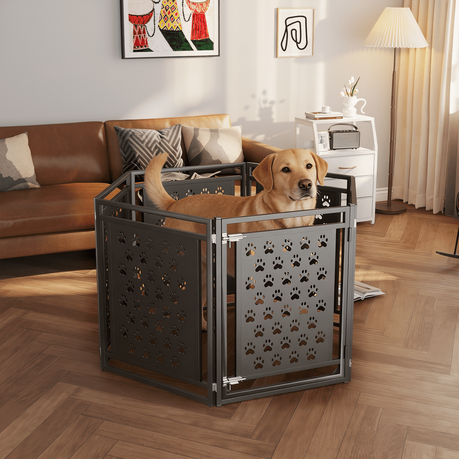 142" Wide Baby Gate, Play Yard Child Safety Fence/Guard, Adjustable Freestanding Pet Gate, Double Locking System for House Doorways, Fireplace, Kitchen, 6-Panels