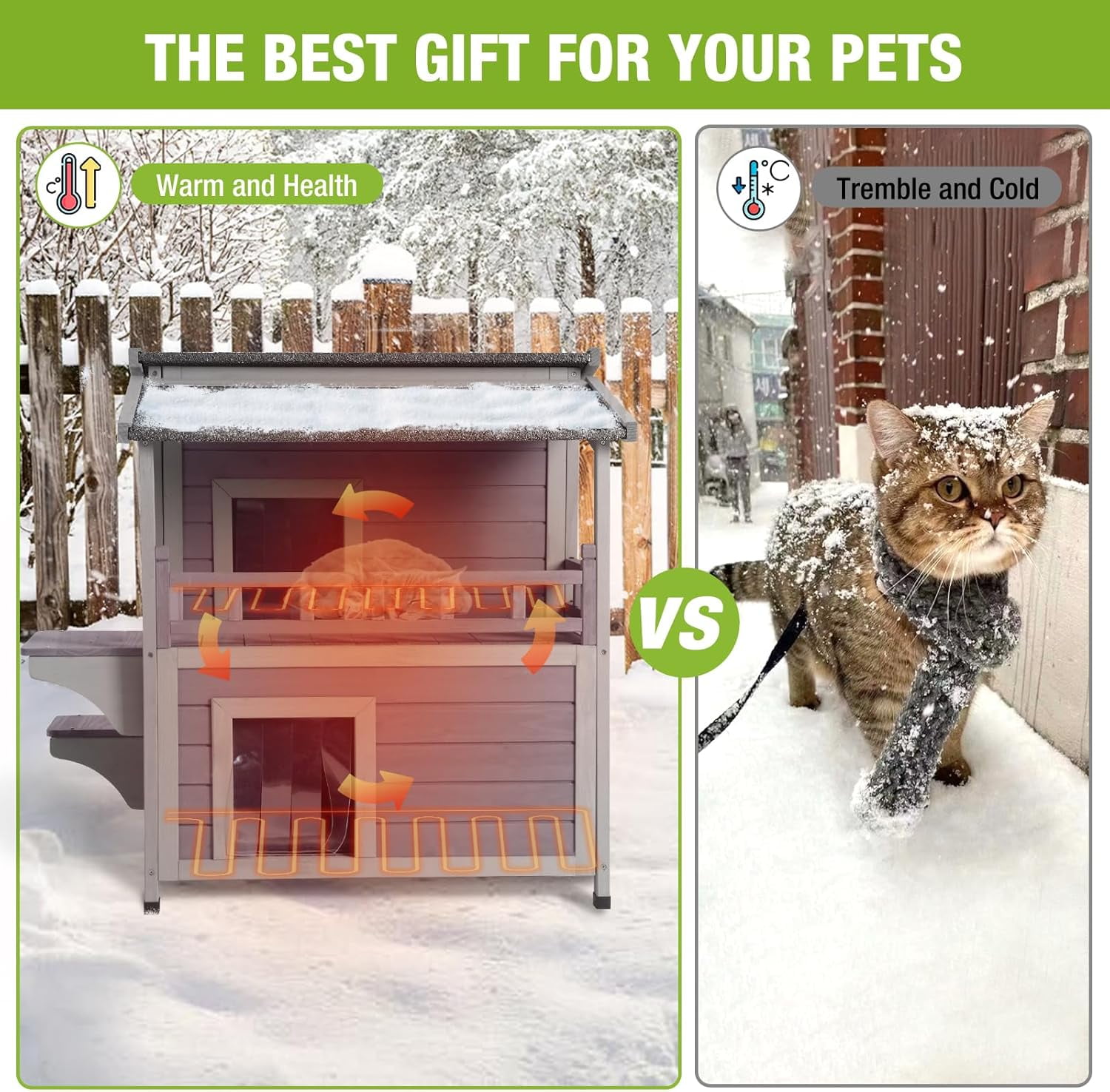 Aivituvin Heated Cat House for Outdoor Cats 2-Stroy Insulated Kitty Shelter with Heater for Winter,Waterproof Great for Indoor & Outdoor Use