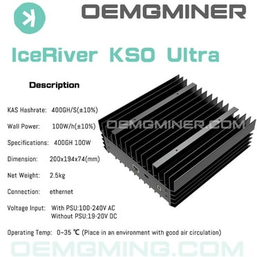 ICERIVER KS0 Ultra 400Gh Ultra 100w KAS Miner Kaspa Crypto Asic Miner Machine Quiet with Original PSU and US Cord