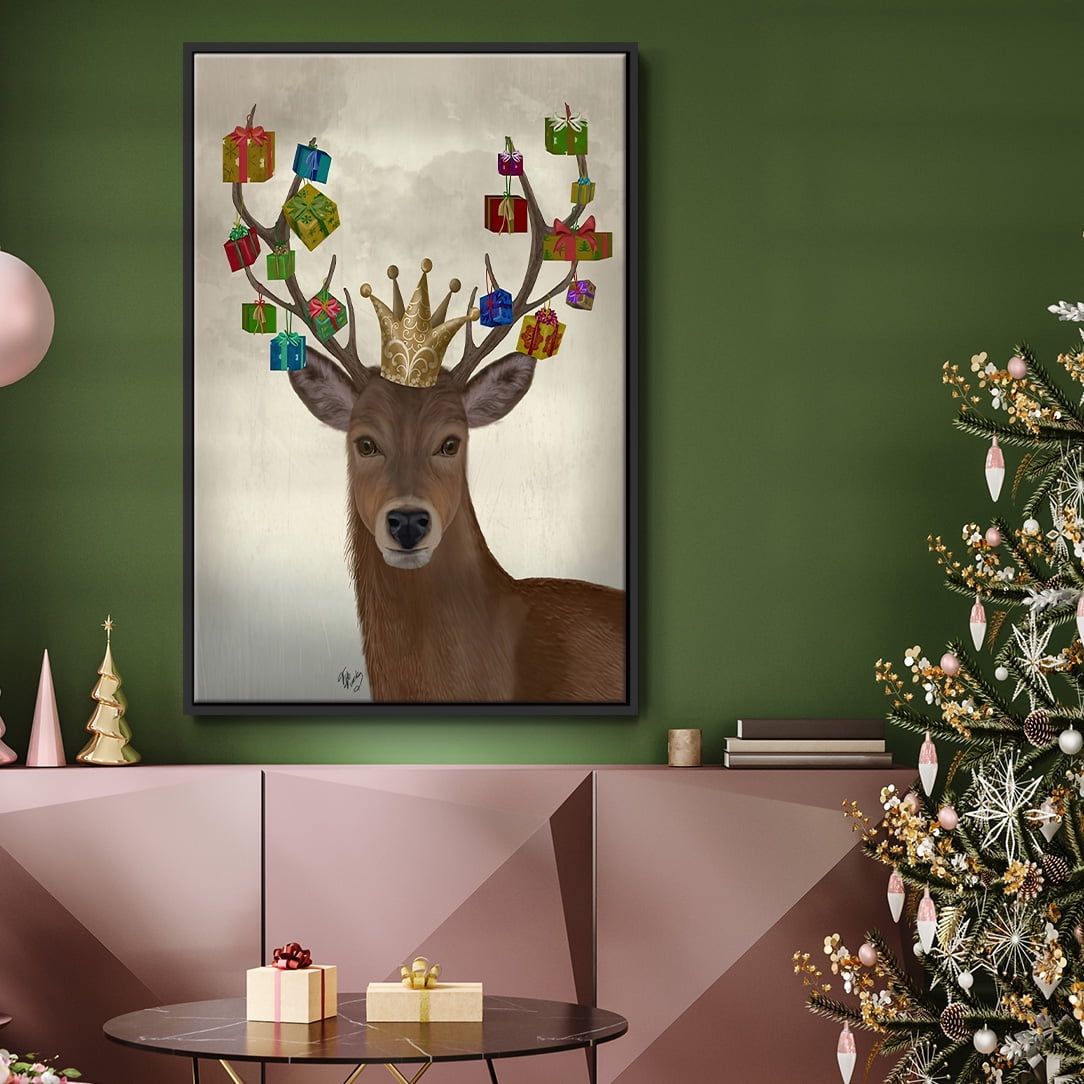 Christmas Gift Bearing Deer - Framed Gallery Wrapped Holiday Canvas - 25 x 37 - Black Frame
