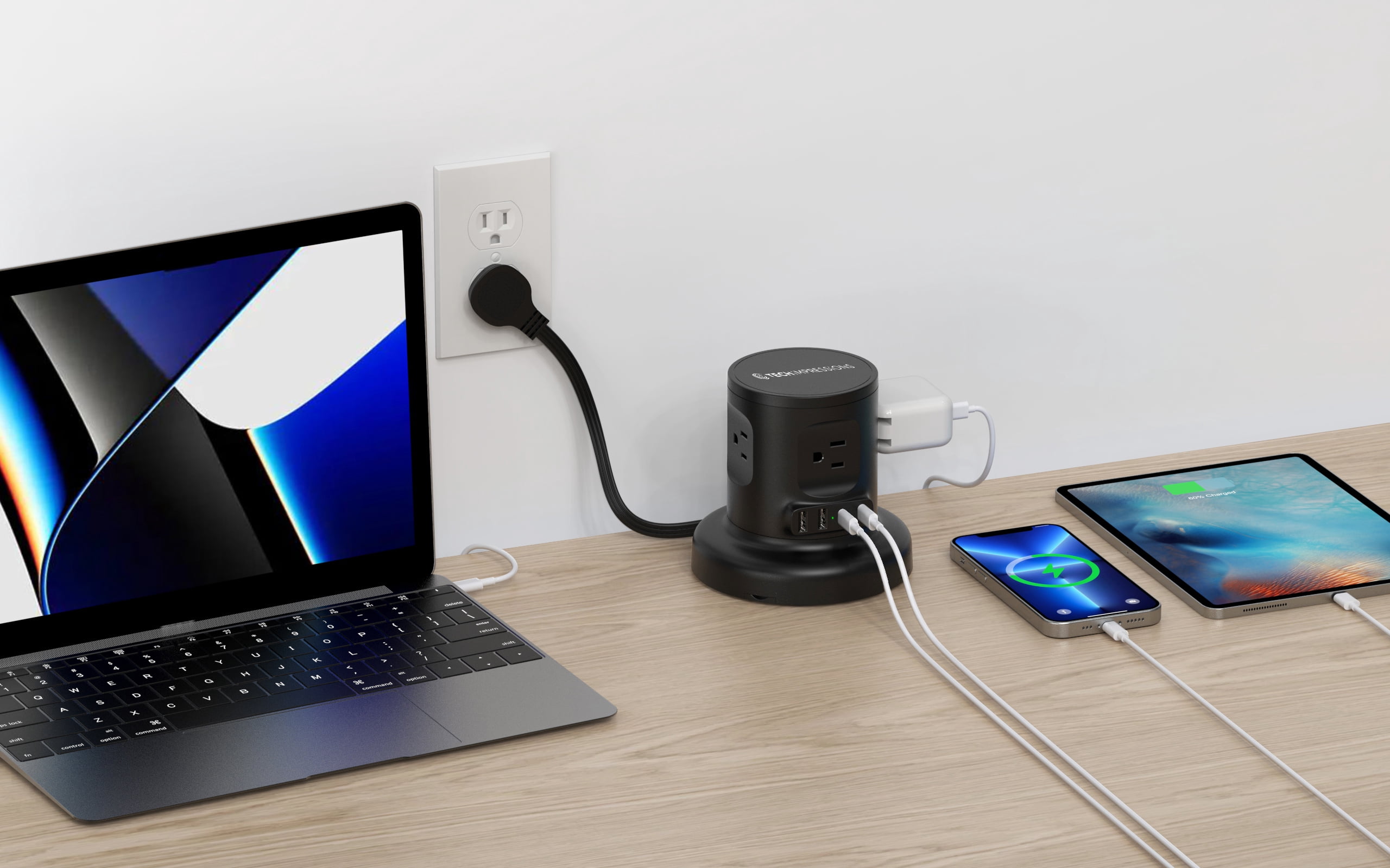 Retractable Power Strip Tower, 8-in-1 Surge Protector with 4 AC Outlets, 2 USB-C, 2 USB-A, 6ft Auto-Retracting Cord, Fast Charging Charging Station, Black