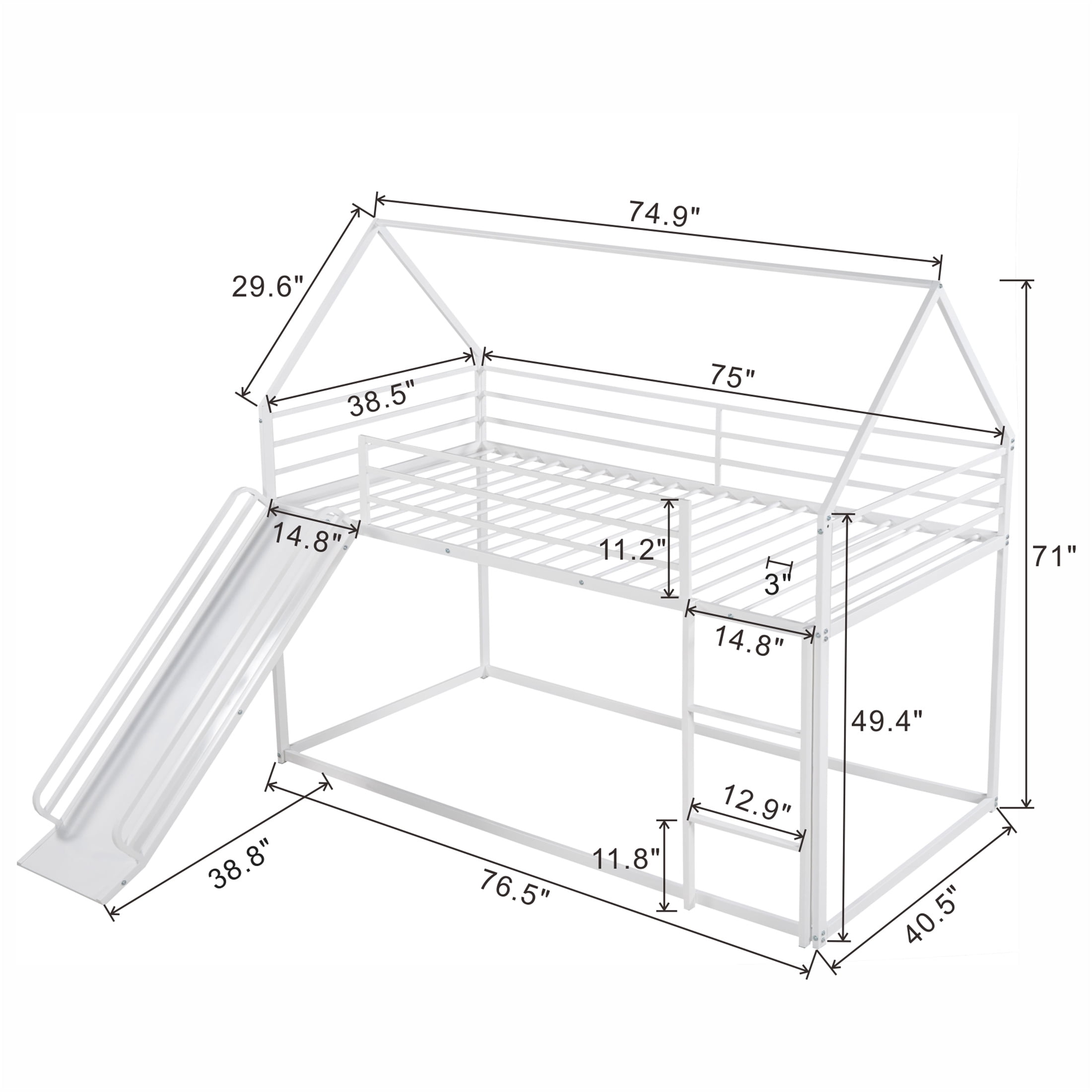 Aukfa Metal Bunk Bed with Slide, Twin over Twin, House Shape Loft Bunk Bed for Kids, White