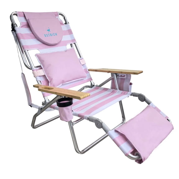 Ostrich The Deluxe 3N1 Lightweight Beach Lounge Chair With Footrest, Pink Stripe