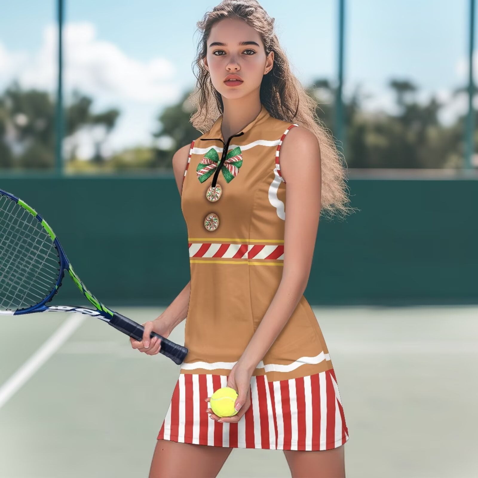 Yuyamidu Brown Christmas Golf Dress Built in Shorts Xmas Tennis Tank Dresses Stretchy Womens Golf Outfit Sleeveless Active Dress Size XS