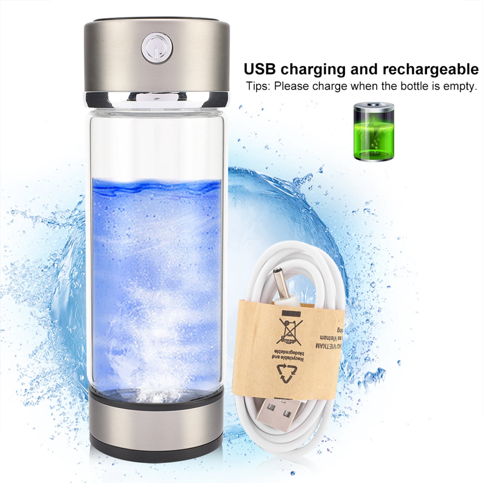 USB rechargeable hydrogen-rich water filter glass bottle portable ionization cup, stainless steel+glass and non-leaking 420ml 7x21.3 cm working temperature: 20-60℃
