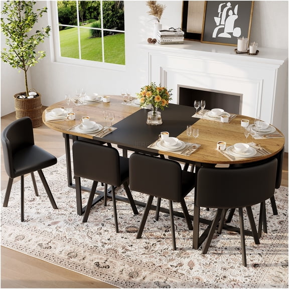 JERFIT 9-Piece Oval Dining Table Set for 8 with PU Leather Chairs, Modern Two-Tone Wood Grain Tabletop, Black Metal Frame, Complete Kitchen Dining Room Furniture