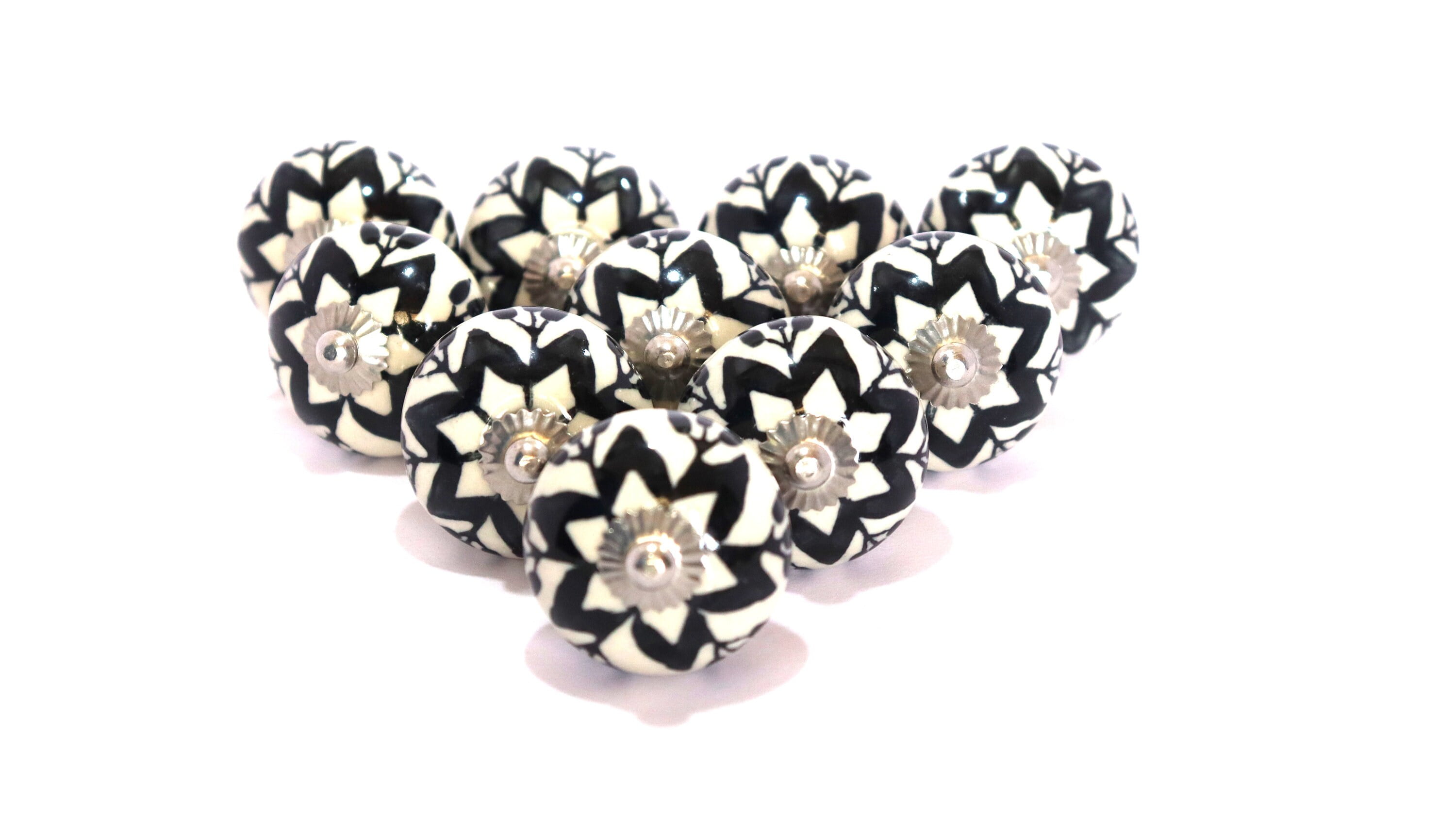 10 PC of Cabinet Ceramic Knobs | Classic Black Designs| Drawer Closet Dresser Wardrobe Furniture Door| Nuts & Bolts Included
