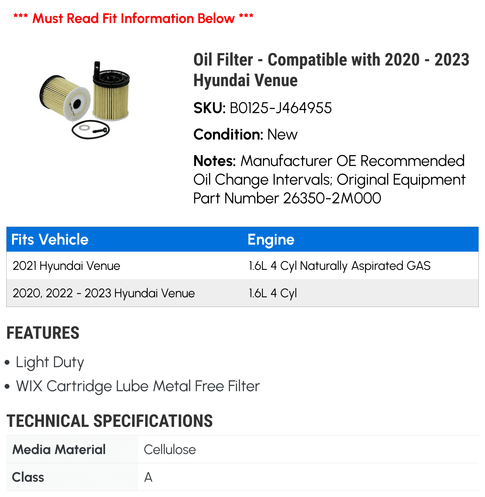 Oil Filter - Compatible with 2020 - 2023 Hyundai Venue 2021 2022