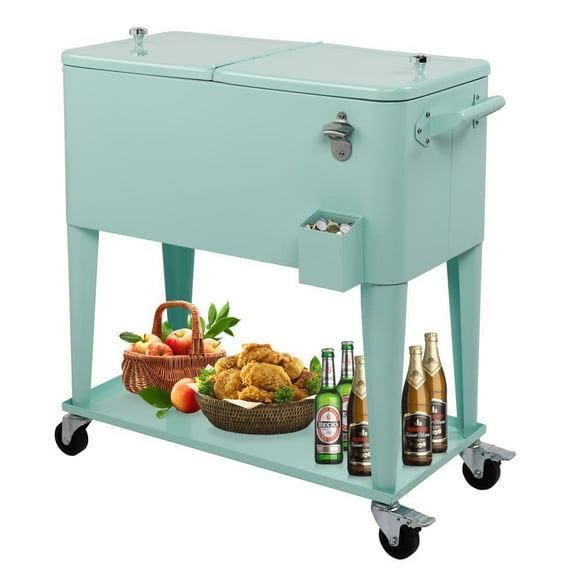 VibrantEcho Quart Rolling Ice Chest, Portable Bar Drink Cooler with Catch Basin, Bottom Storage Tray and Bottle Opener for Patio Party BBQ Beach Activities