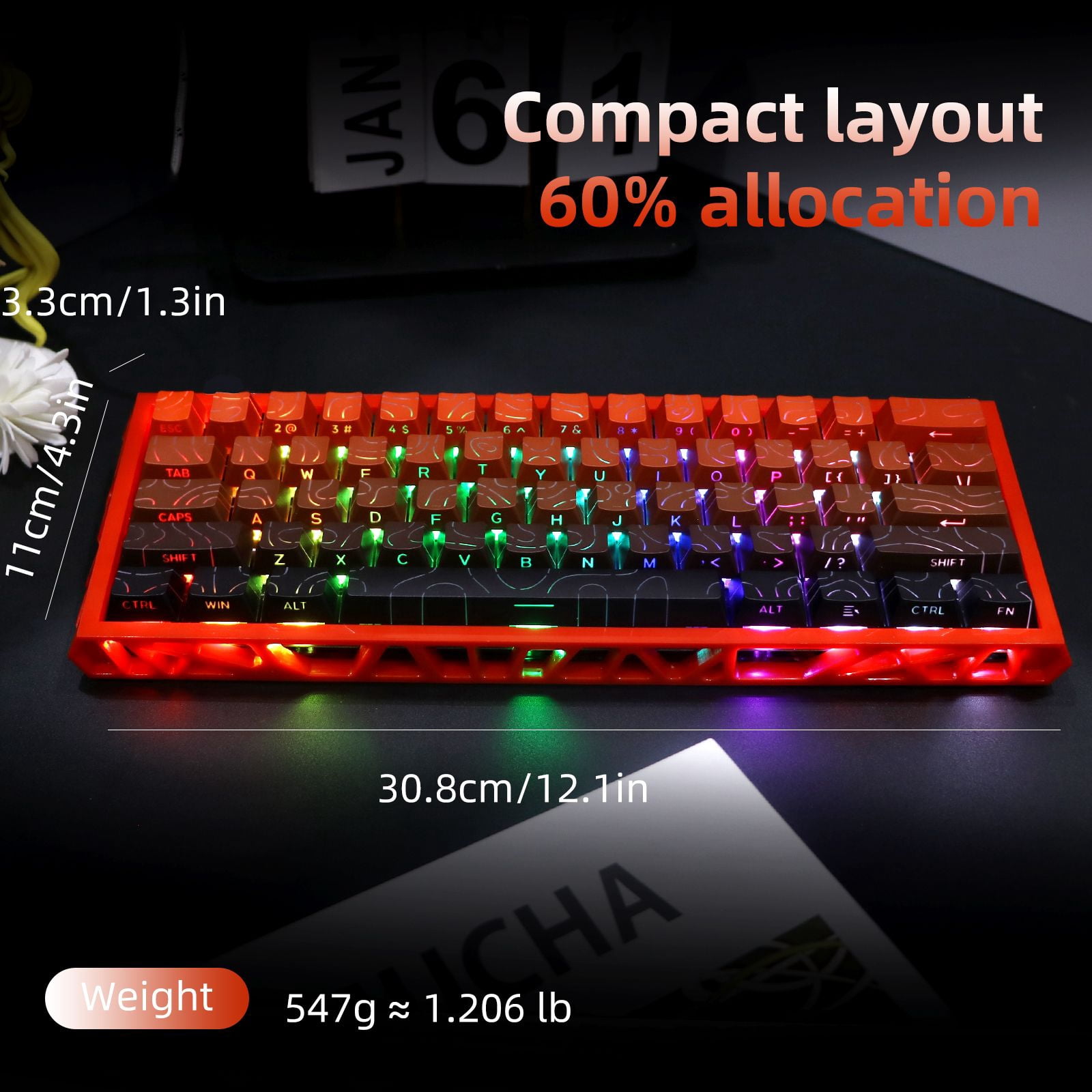 61 Keys Mechanical Keyboard, 60% Layout, Hollow Shell in 6 Colors, RGB Backlit, Full N-Key Rollover, Hot-Swappable Linear Red Switch, Backlit PBT Keycaps