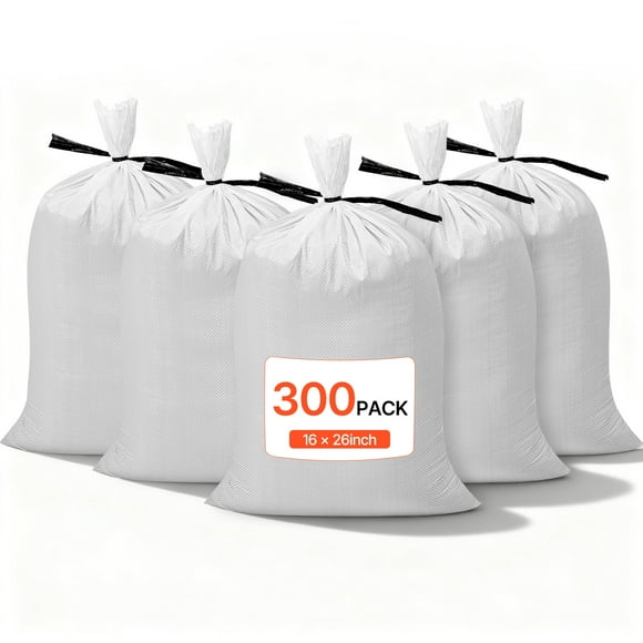 VEVOR Empty Sandbags, 300 Packs 16 x 26 in, Heavy Duty Sand Bags Sacks with Ties, 50lb Capacity Woven Polypropylene Sandbags, Tear-Resistant & UV-Resistant Sand Bags for Flood Protection Barrier