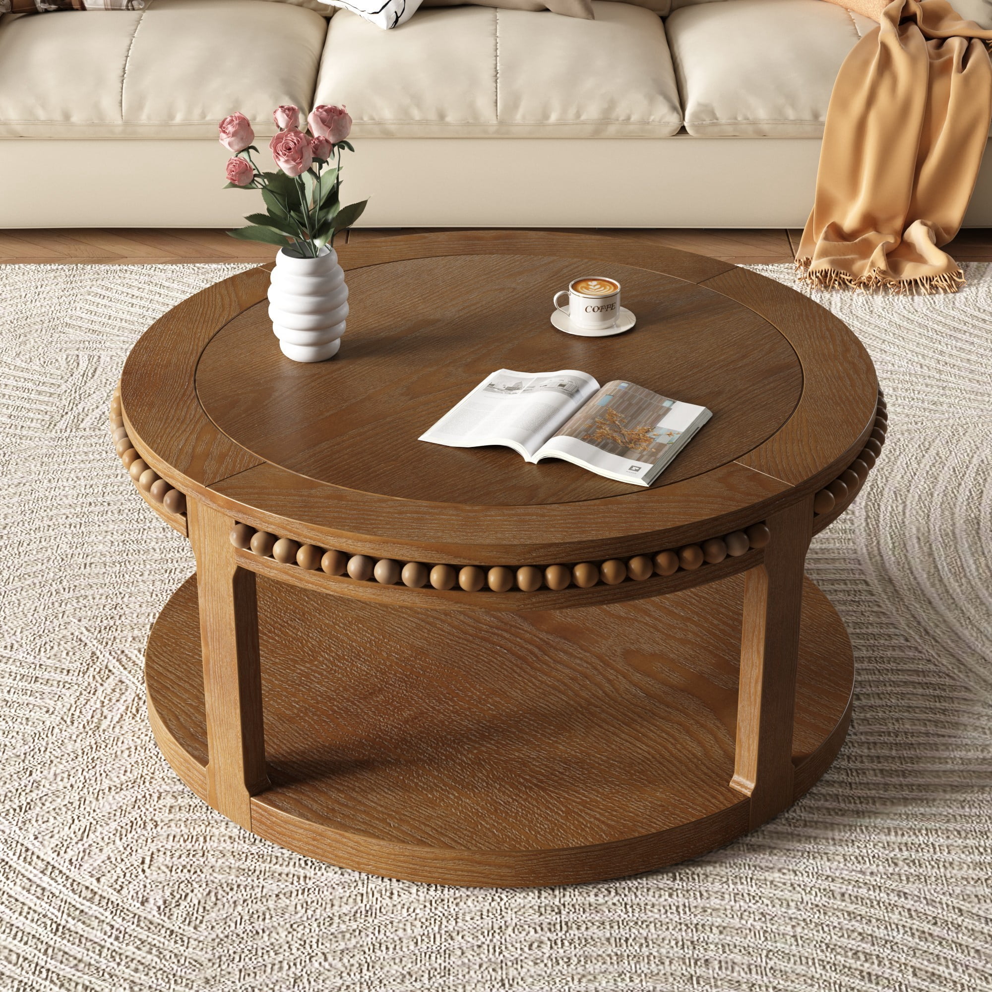 31.5" Round Solid Wood Coffee Table, 2 Tier Wood Coffee Table with Shelf, Modern Center Table for Living Room Sofa Table, Walnut