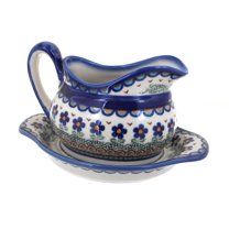 Blue Rose Polish Pottery Aztec Flower Gravy Boat & Plate