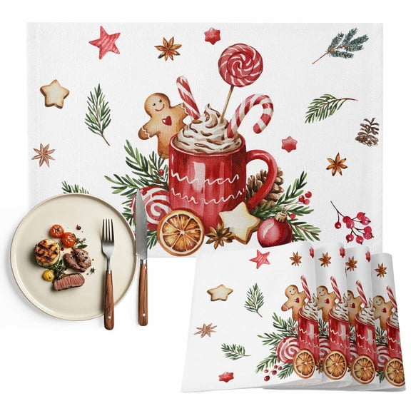 White Red Christmas Placemats Set of 4, Winter Holiday Gingerbread Man Table Mats Washable Heat-Insulation Non-Slip Place Mats for Kitchen Dinner Table Indoor Outdoor Decor,13x19 Inch