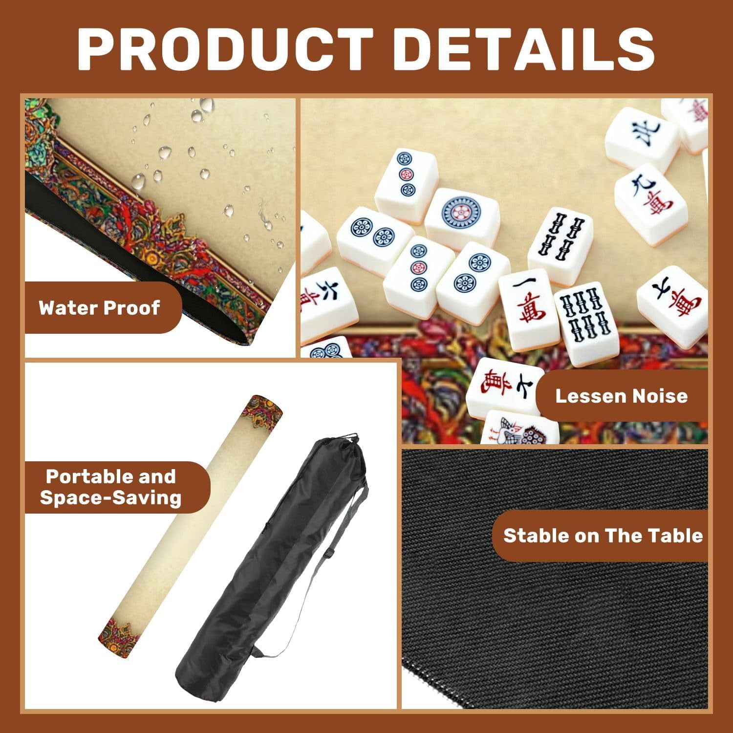 Mahjong Mat 31.5" x 31.5" Ornate Floral Border Vibrant Colors Intricate Patterns Non-Slip Noise Reduction Mahjong Tiles Table Cover for Dominoes Poker Card Board and Tile Games Gift