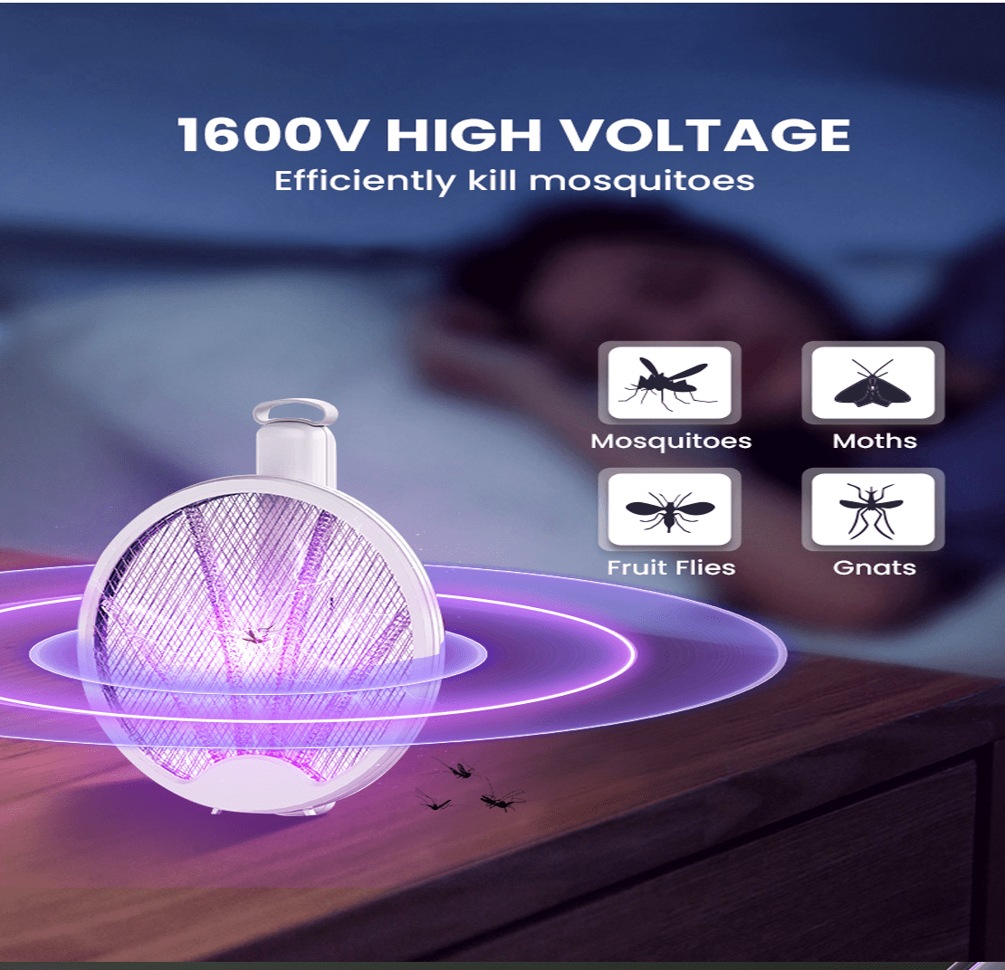 Electric Fly Swatter Racket, Rechargeable, 2 in 1 Smart Bug Zapper Racket with USB Rechargeable Base, Powerful Mosquitoes Trap Lamp & Fly Killer, 3-Layer Safety Mesh for Home, Bedroom, Kitchen, Patio
