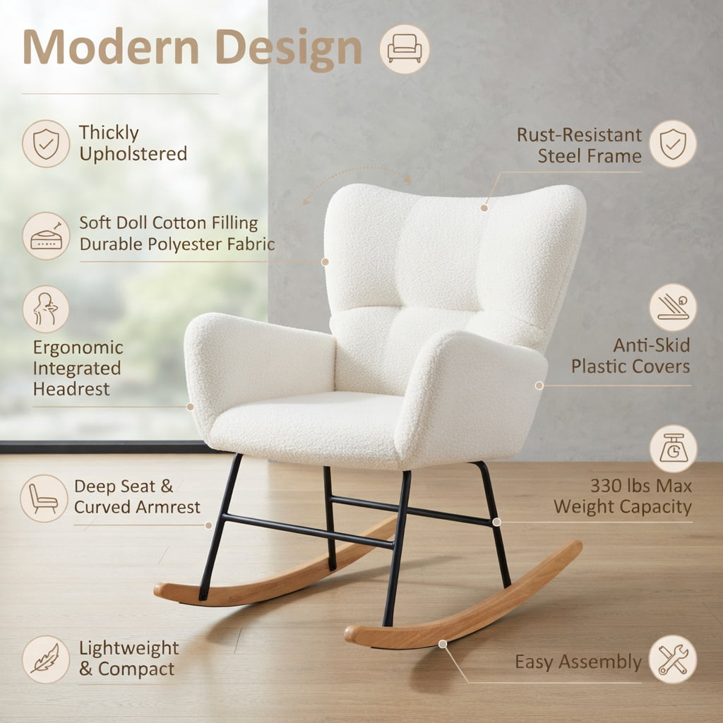 Demi Bonn Upholstered Rocking Chair, Accent Chair with Comfy Backrest and Armrest, Suitable for Home, Living Room and Bedroom, Beige