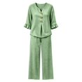 thumbnail image 7 of Gingham 2 Piece Set for Women Ruffle 3/4 Sleeve Notch Neck Top and Wide Leg Pants with Pockets Green 2XL, 7 of 7
